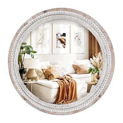 Wooden frame farmhouse mirror with white wash beads