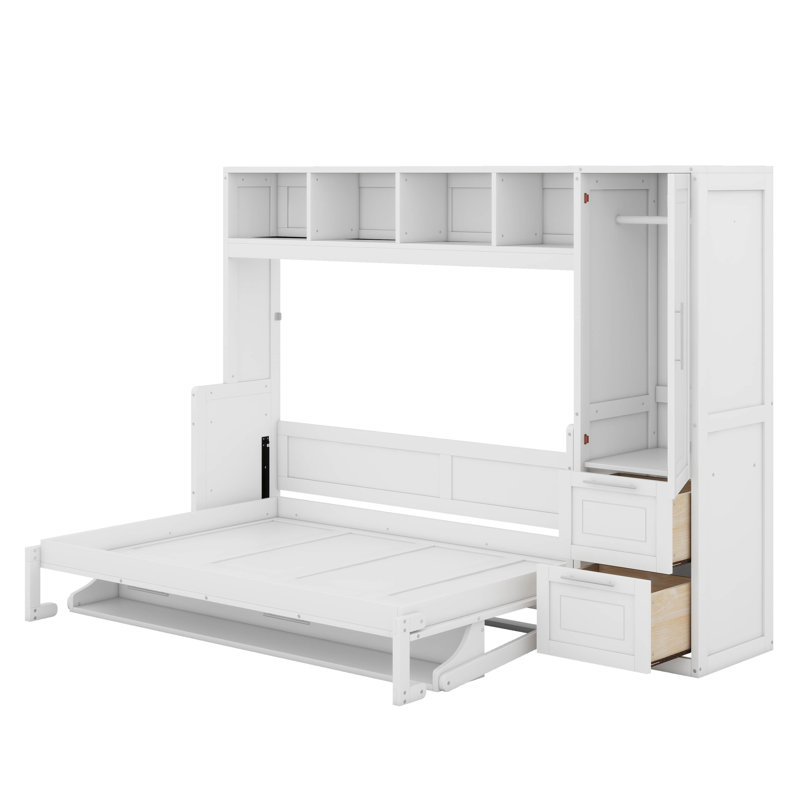 Lit escamotable double avec tiroirs et garde-robe, Blanc