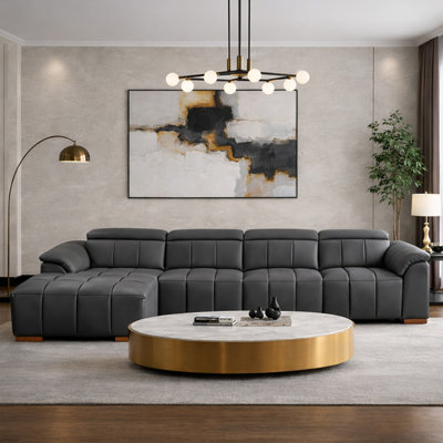 113" L-Shaped Reclining Sofa Couch With Chaise, Modern Genuine Leather Sectional,Electric Control Sofa Couch With Headrest & Footrest
