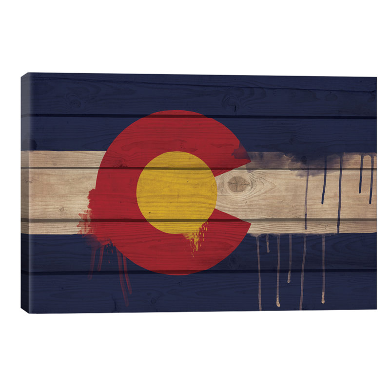 Colorado Paint Drip State Flag on Wood Planks 1 Piece Wall Art on Canvas, 101.6 cm H x 66.04 cm W, Brown Picture Framed