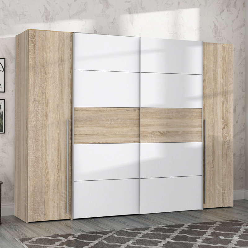Debarr 4 Door Manufactured Wood Wardrobe, 210.5cm H x 270.3cm W x 61.2cm D, Sonoma Oak/White