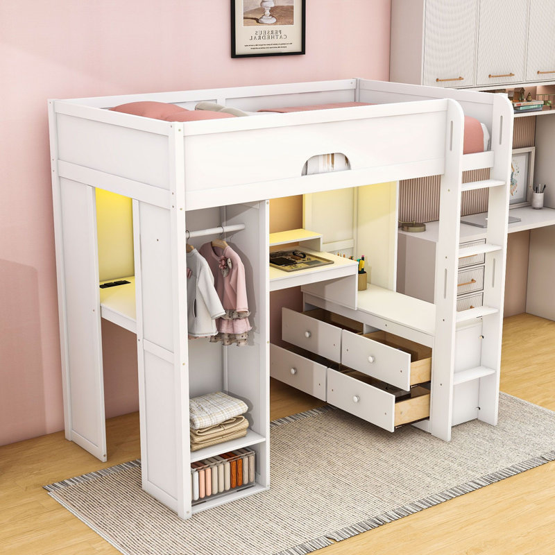 Lit mezzanine en bois avec bureau intégré, garde-robe, ports de chargement USB et bande lumineuse à DEL, Twin, White