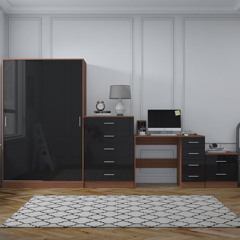 Eva Piece Bedroom Set, Black Gloss / Walnut