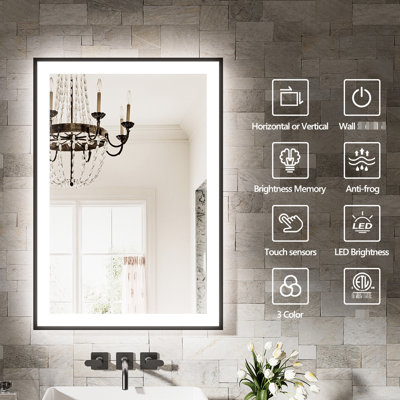 Miroir de salle de bain à DEL 60 x 40 pouces à intensité variable avec température de couleur réglable, fonction de brouillard, compatibilité avec les interrupteurs muraux, composants Ul, luminosité de conception incassable, 3 modes de température, contrôle,