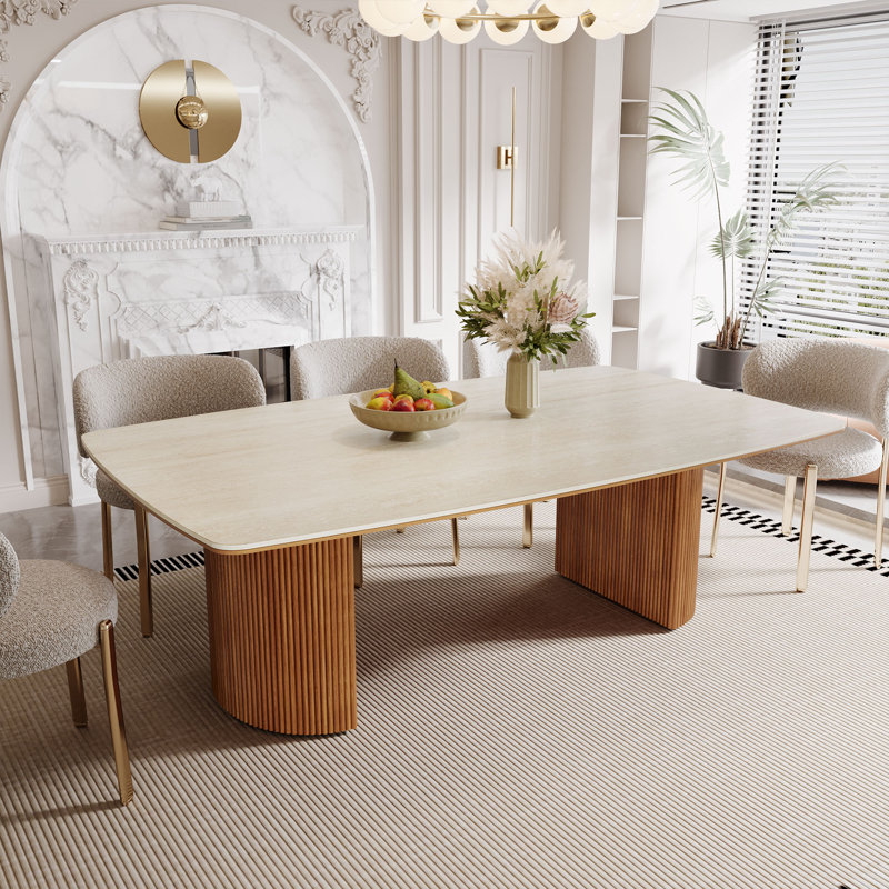 Dining Table With Unique Travertine Slab Top And Semi-Circular Stripe Base （1 item 2 packages）