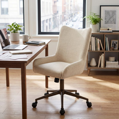 Mid-Century Modern Office Chair With High Backrest, Beige Velvet Desk Chair With Adjustable Height, Swivel & Rocking Tilt, Upholstered Home Office Chair With Smooth Ball Casters, Rolling Task Chair For Study Workspace (Antique Brass Base)