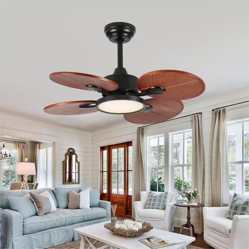 Ventilateur de plafond de salon avec lumière, pales en bois au fini naturel de 33 pouces, moteur à courant continu, flux d'air réversible
