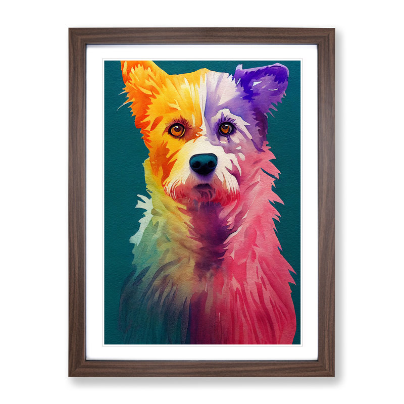 Colourful Dog No.4 - Single Picture Frame Painting, 64cm H x 46cm W x 2cm D, Walnut