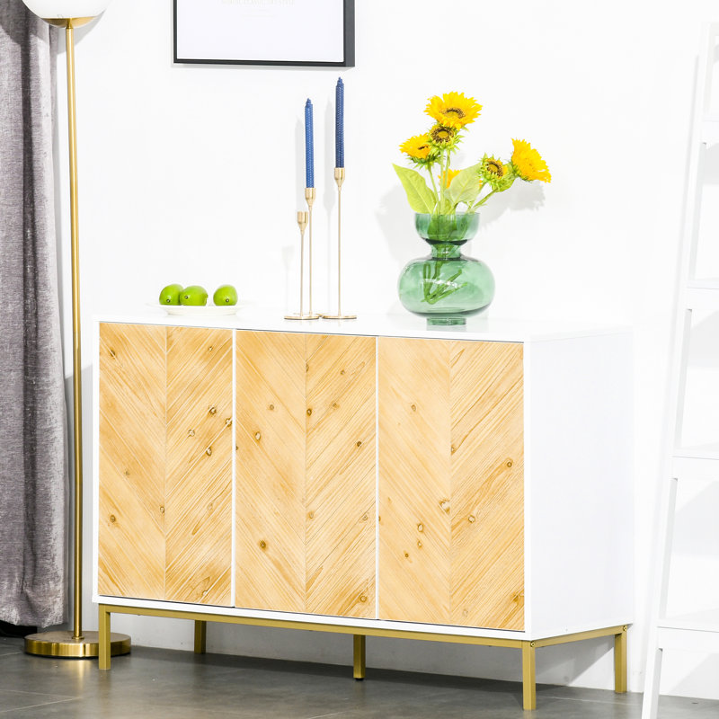 Buffet en bois naturel - 3 portes avec ornementation, tablette réglable et pieds en métal