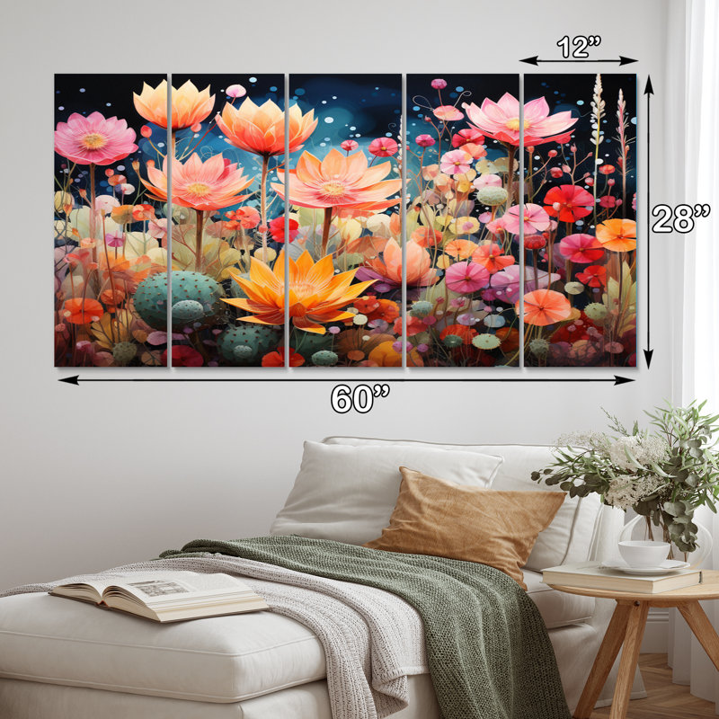 Peach Green Cactus Representation Multicolored Acrylic II - Floral Metal Art Print Set