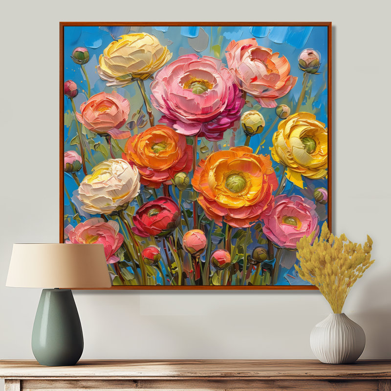 Rose, orange, orange, été, prairie I - Renoncule, art mural, salon, H 36 po x l 36 po, Cadre flottant brun