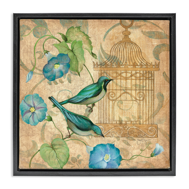 Cadre flottant Spring's Song Green Birds, design par Janet Tava, Cadre flottant noir de jais, H 18 po x l 18 po