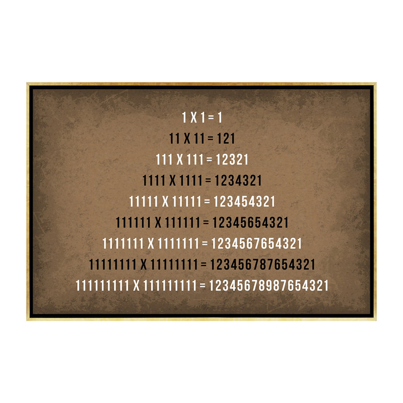 Multiplication Palindromes - impression d'art textuel, H 40 po x l 60 po x 1,5 po, Toile encadrée d'or, Pas de tapis