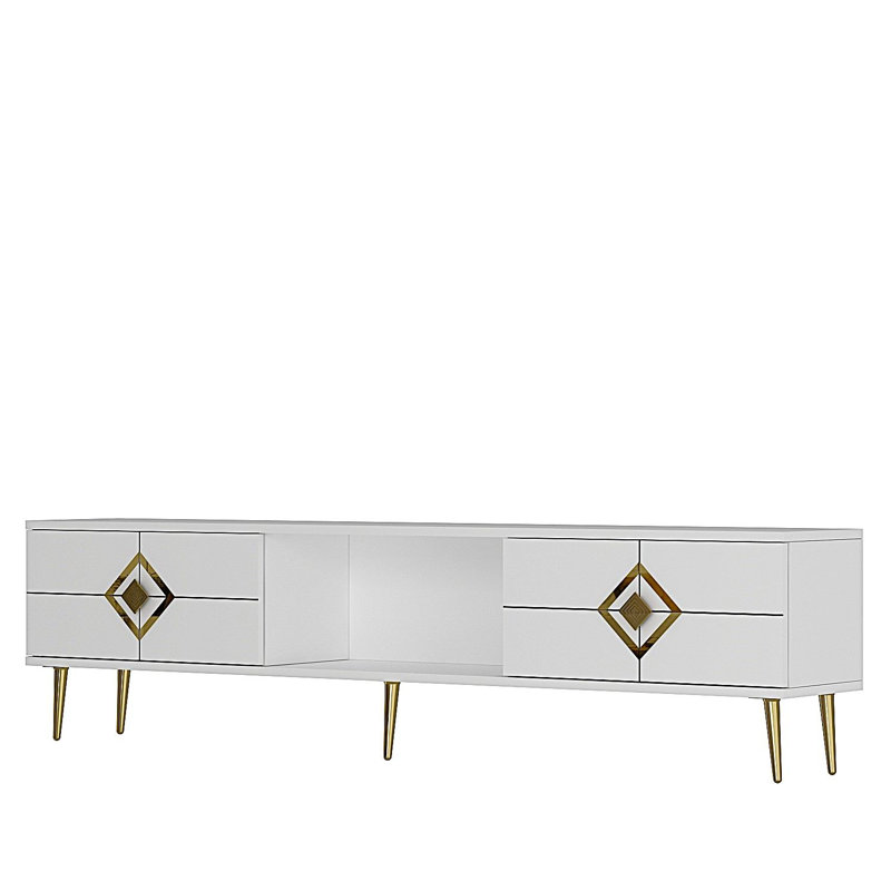 Modern TV Stand with Wall-Mount Option, White & Gold, 59.1 x 15.9 x 11.6 inches | 100% Melamine Coated Particle Board, Thickness: 0.7 inches | Stylish & Functional Design for Contemporary Living Rooms, Elegant & Durable