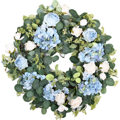 26" Artificial Spring Summer Berry Hydrangea Rose Floral Wreath For Front Door