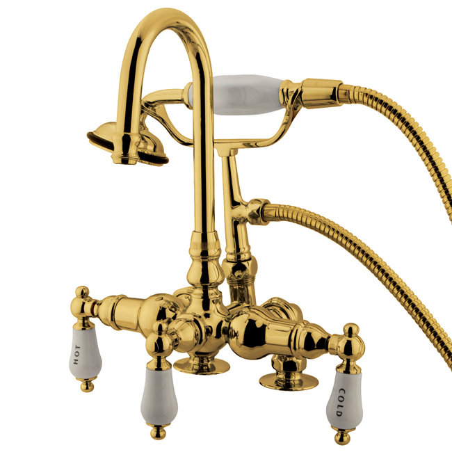 Vintage Triple Handle Deck Mounted Clawfoot Tub Faucet with Handshower, Polished Brass