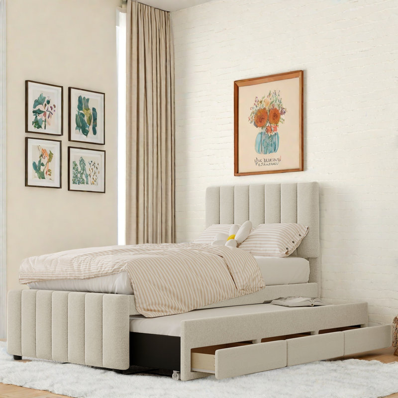 Lit plateforme tapissier avec lit gigogne, 3 tiroirs et tête de lit à rayures, Beige