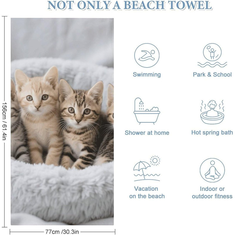 Serviette de plage à séchage rapide en microfibre pour chatons, 50 x 60 po
