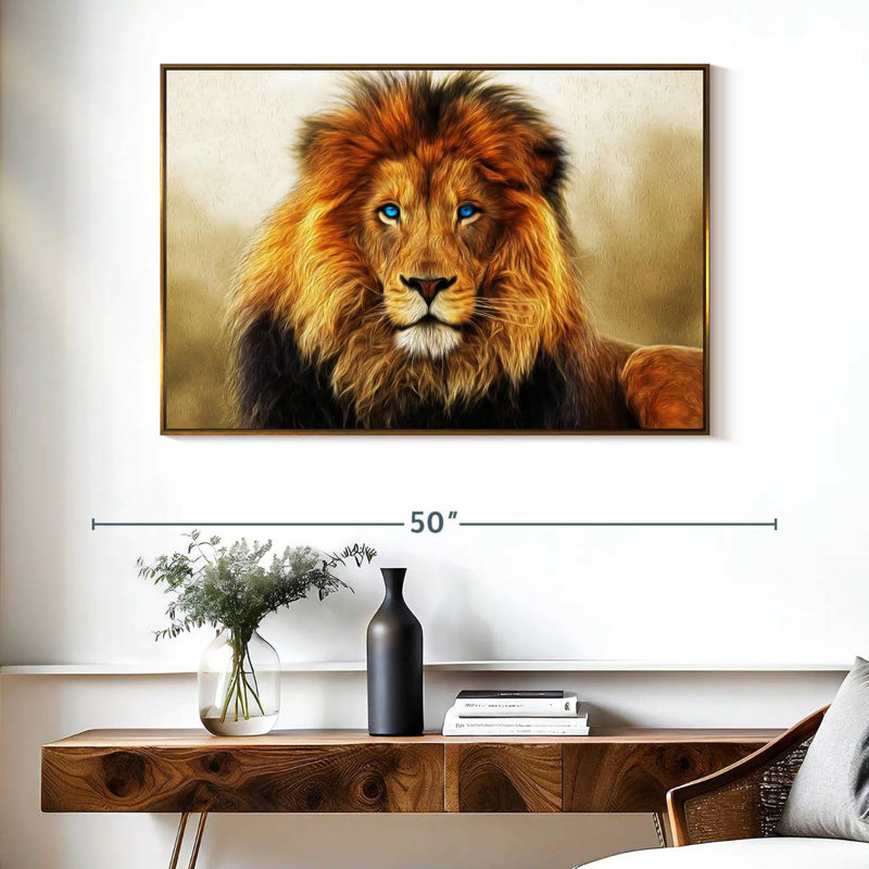 Lion aux yeux bleus, Cadre flottant doré, 40 po x 27 po