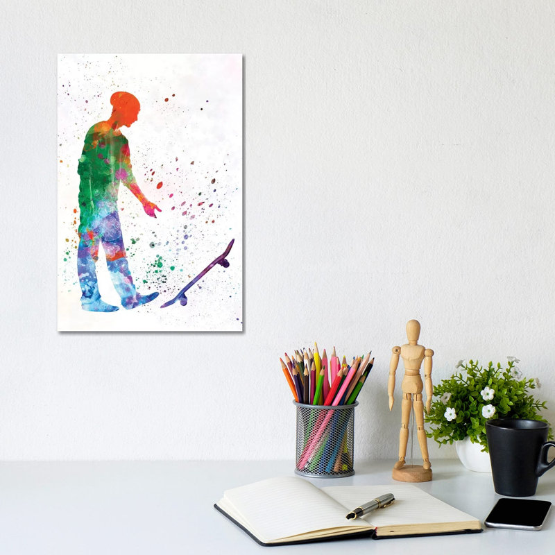 «Skateboarder in Watercolor IX» par Paul Rommer, reproduction d'art sur toile tendue, H 12 po x l 8 po x P 0,75 po