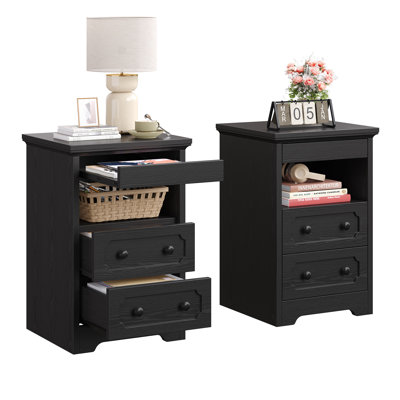 Wooden Nightstand Set Of 2, Bedside Table With 2 Drawers And Open Shelf, End Table With Pull-Out Tray, Side Tables For Living Room And Bedroom, Grey O by Lark Manor