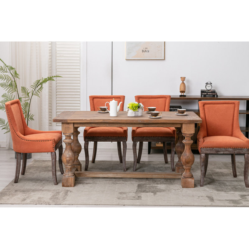 Lot de 2 chaises de salle à manger latérales Ultra, revêtement en tissu épais orange, pieds en bois massif, clous décoratifs bronze, largeur 51,4 cm, profondeur 56,3 cm, hauteur 91 cm