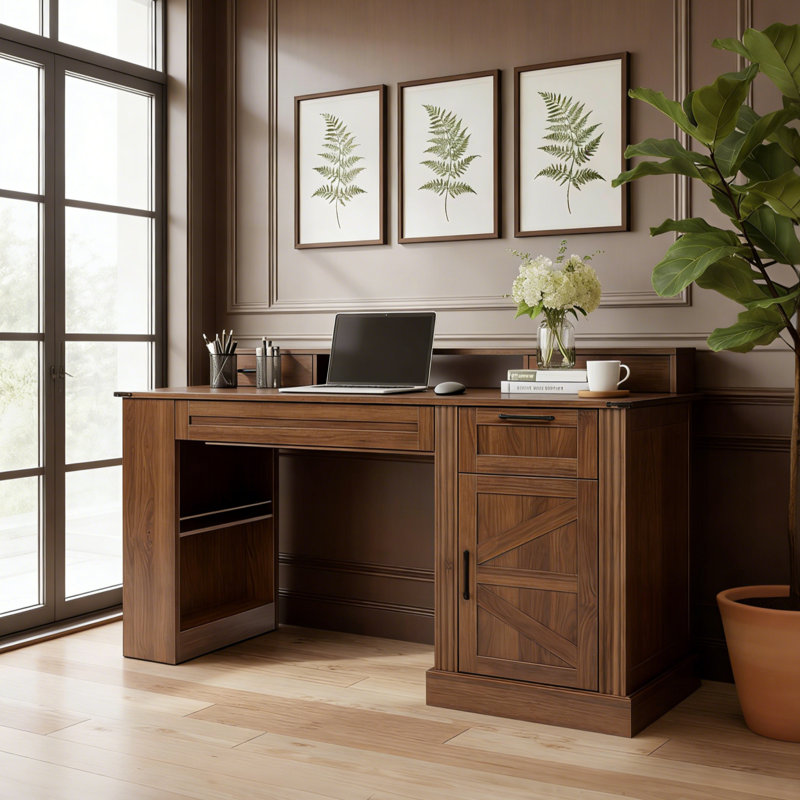 Dark Walnut Farmhouse Combo Desk – 55” Multi-Storage Workstation For Home Office & Study, Brown