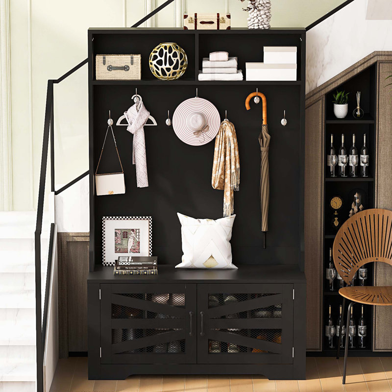Entryway Bench with Coat Rack, 3-in-1 Design and Adjustable Shelves, Hall Tree with 7 Hooks for Entrance, Living Room, Black