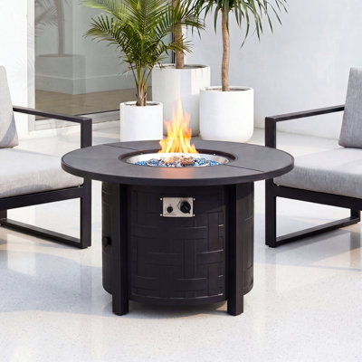 42" Round Propane Fire Pit Table, 50,000 Btu Outdoor Auto-ignition Gas Firepit With Removable Lid & Waterproof Cover, Glass Decoration