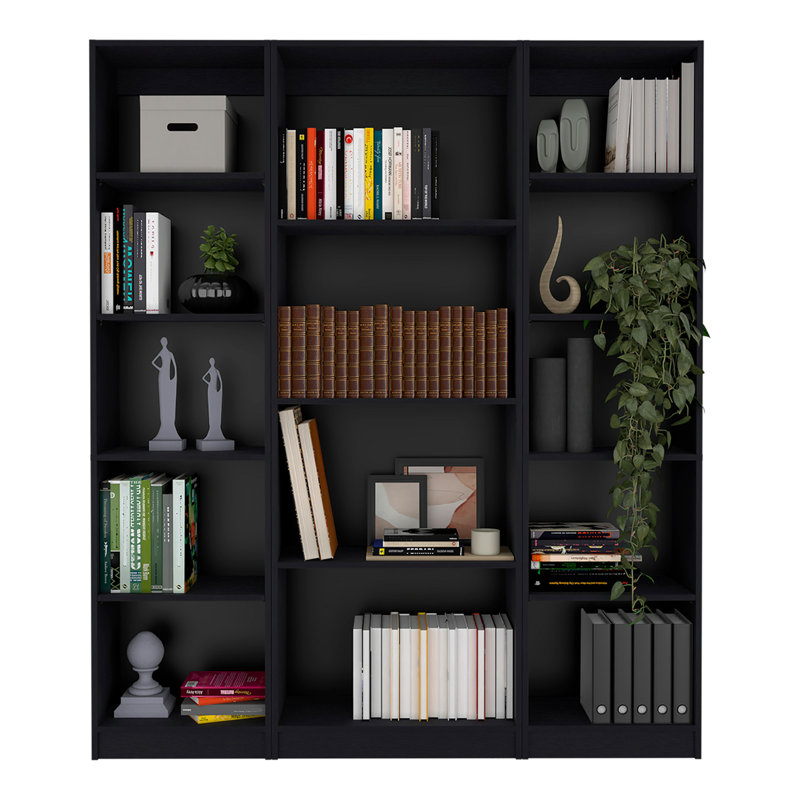 Davie 3 Piece Home Bookcase Set, 60" Wide With 14 Shelves ,  Living Room Set Set  Black, Black