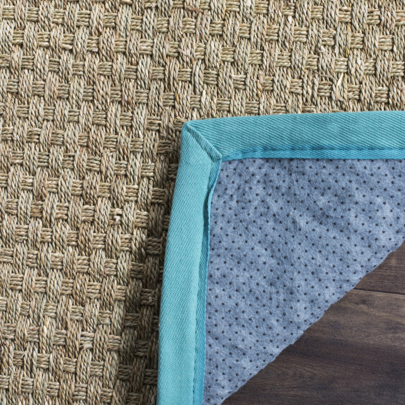 Oxnard Auckland Bamboo Slat/Seagrass Natural/Teal Area Rug, Round 4'