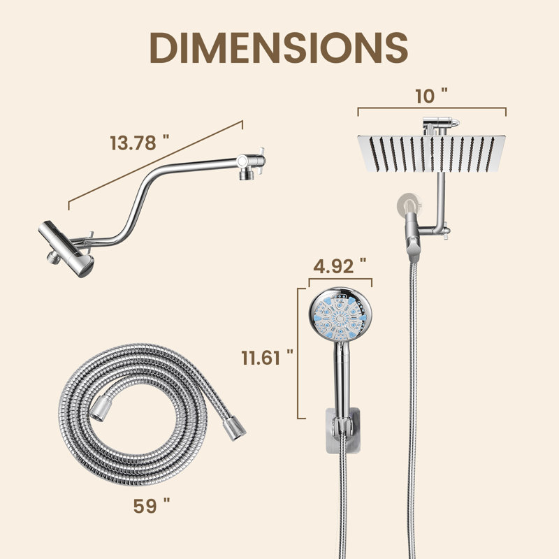 10-Inch Raincan Shower Heads with 9-Setting Handheld Spray and Adjustable Curved Extension Arm Combo Chrome, Chrome