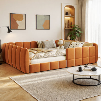 Cocoon 82.1" Full Size Velvet Upholstered Floor Bed with 14.8" Guardrail, Low-Profile Design, Soft Foam Padding, Hidden Feet, No Box Spring Needed, for Pets, Modern Bedrooms