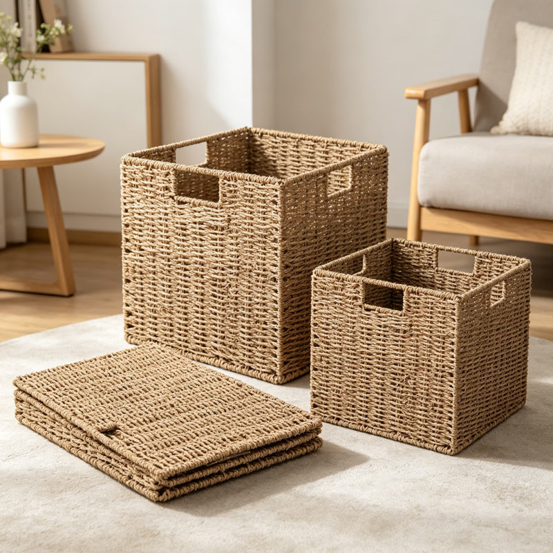 Handwoven Seagrass Storage Baskets Set Of 3, Foldable Cube Organizer Bins For Shelves, Pantry, Kitchen, And Bathroom Organization, Natural Wicker Storage With Sturdy Iron Frame