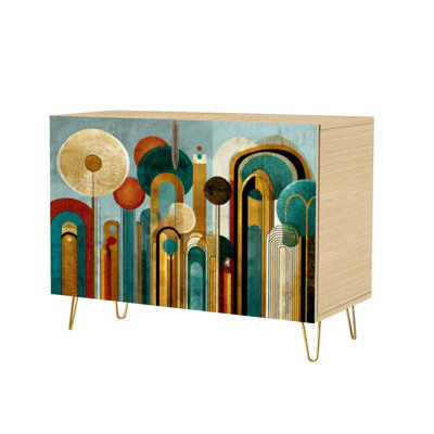 Sideboard Buffet Cabinet with Storage Retro modern abstract towers decorative design with 2 Doors for Living Room and Kitchen