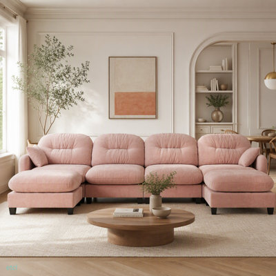 Canapé modulaire modulaire en forme de U avec repose-pieds, dossier moelleux en tissu chenille doux, conception ergonomique en mousse haute densité, accoudoirs élégants, facile à installer dans les salons, rose
