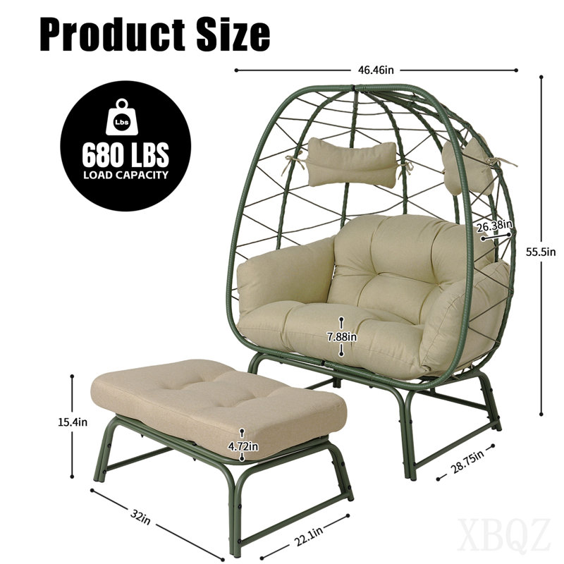 Double Patio Egg Chair With Ottoman, Wicker Outdoor Egg Chair With Cushion, 2 Person Lounge Chair With Footrest For Balcony, Garden And Backyard