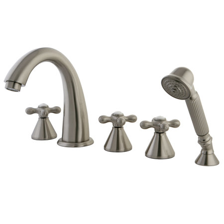 Naples Triple Handle Deck Mounted Roman Tub Faucet with Handshower, Satin Nickel