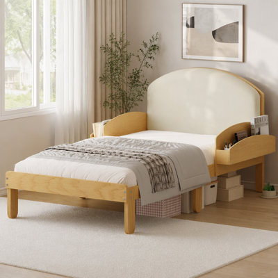 Upholstered Headboard Wood Bed Frame, Curved Padded Headboard With Arched Legs & Side Storage Shelves, Modern Platform Bed For Bedroom, No Box Spring Needed