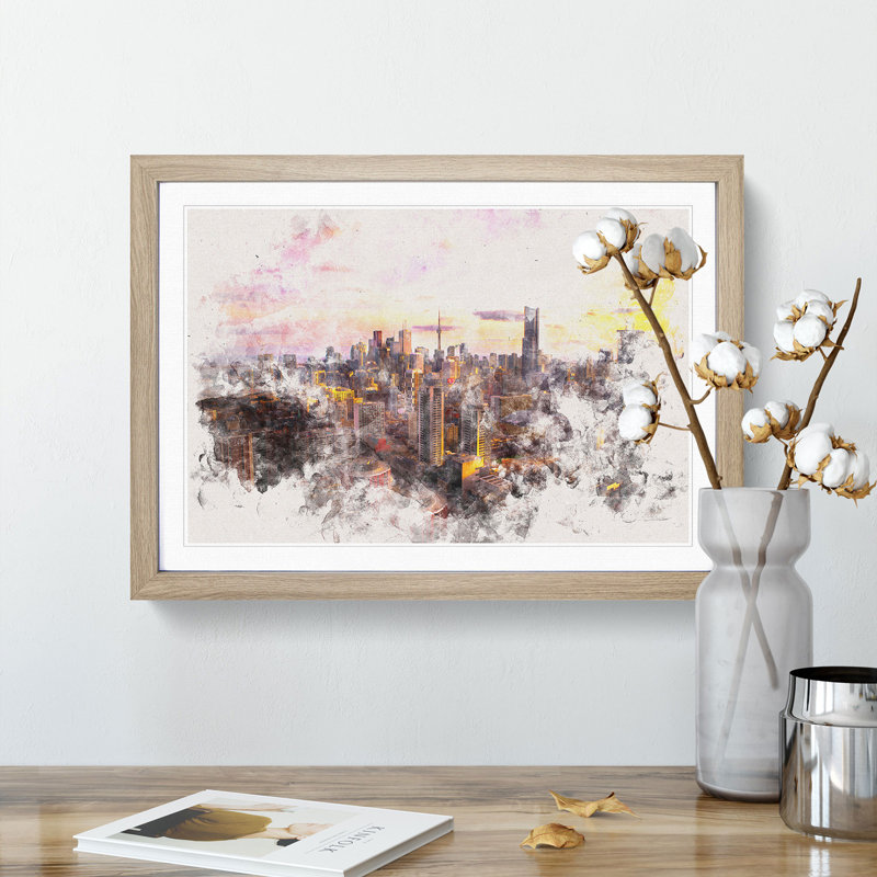 Toronto Canada Skyline - Picture Frame Painting Print, 62cm H x 87cm W x 2cm D, Oak Framed