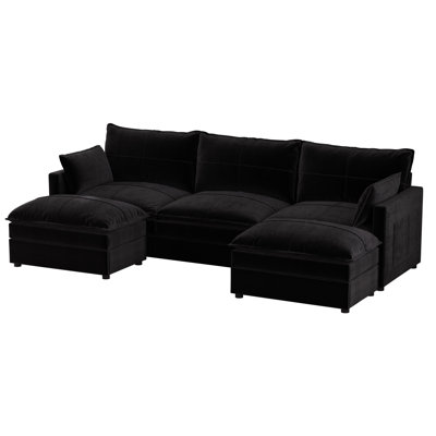 U-Shaped Sectional Sofa, Modular 3-Seater Cloud Couch with Movable Ottoman, Deep Seat Chenille Sofa for Living Room