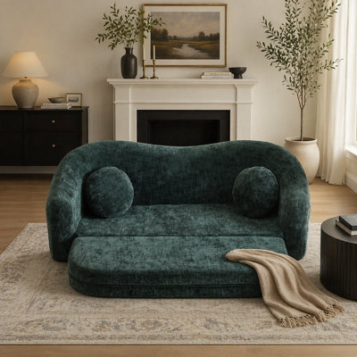Canapé inclinable incurvé de 86 pouces convertible, canapé-lit pliant sans cadre 2 en 1 avec base coulissante et assise profonde, canapé inclinable en chenille à deux places, aucun assemblage requis vert