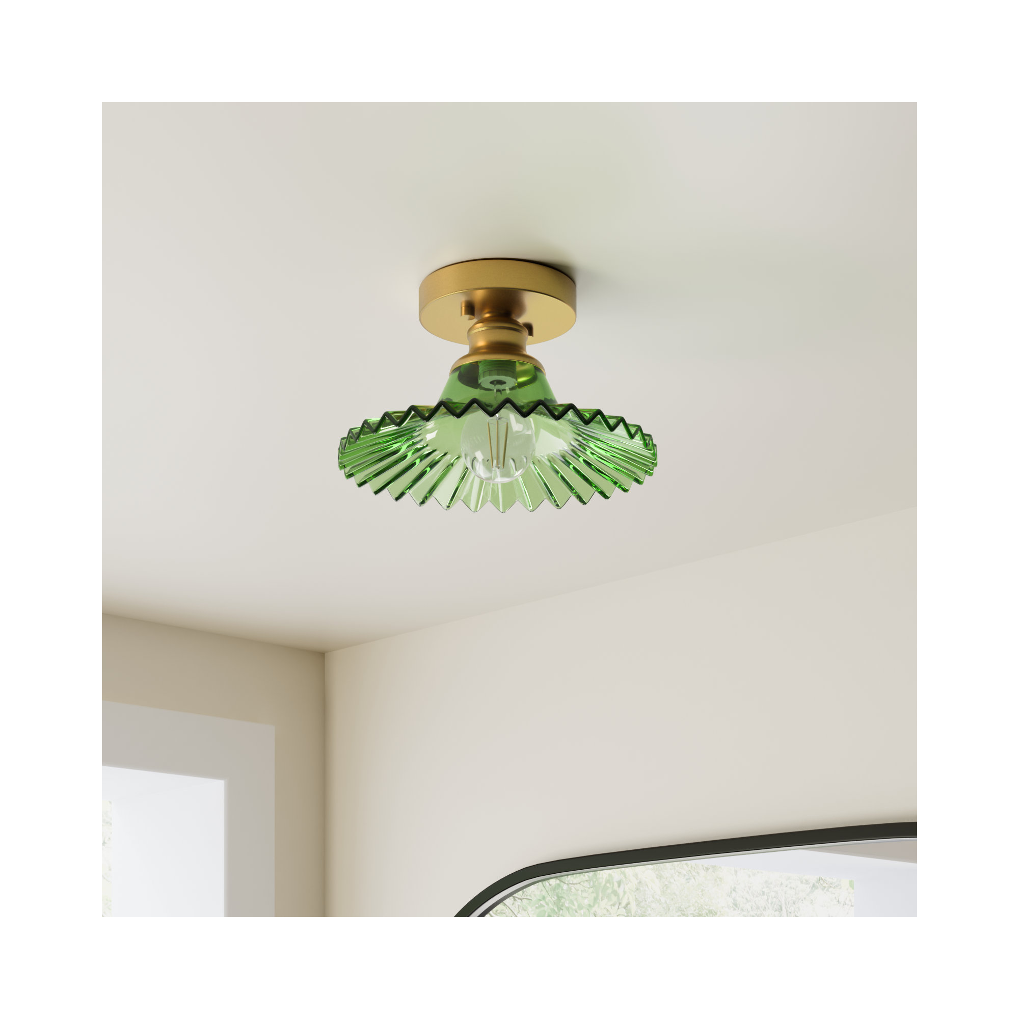 Saffron Single Light Glass Flush Mount, Green