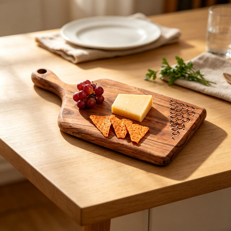 Acacia Wood Cutting Board with Handle, Paddle Serving Board for Kitchen, Charcuterie Cheese Board with Hanging Hole, Decorative Carved Wooden Board for Cooking and Serving