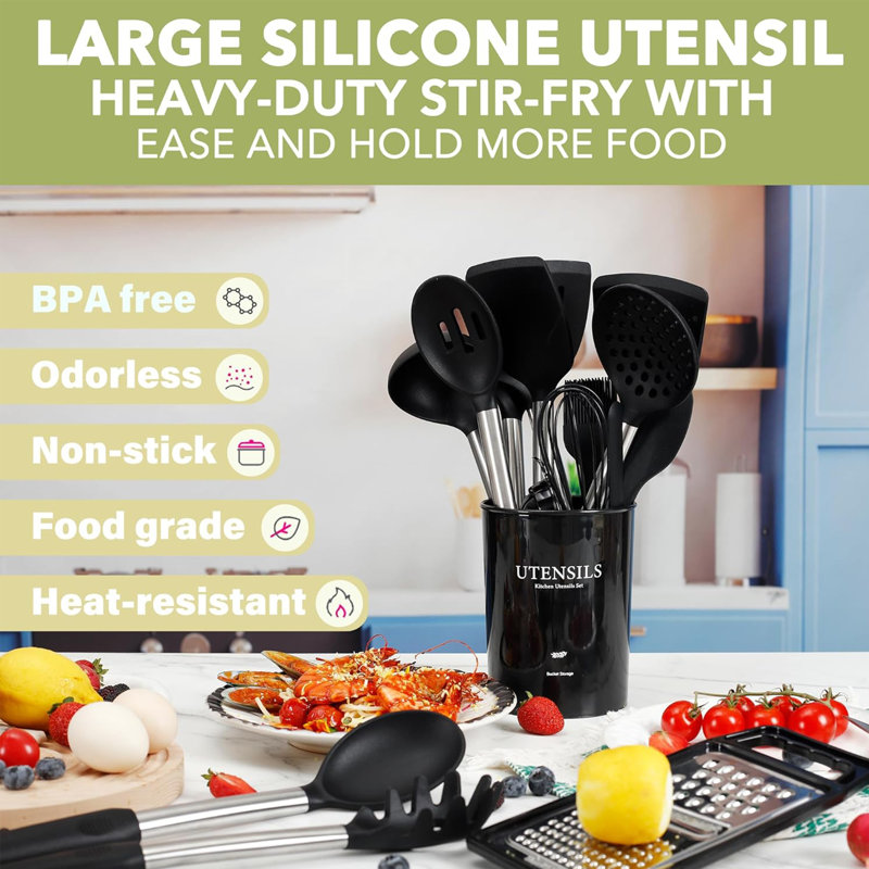 35 Pcs Silicone Cooking Utensil Set,stainless Steel Kitchen Utensils Set,non-stick Heat Resistant,black