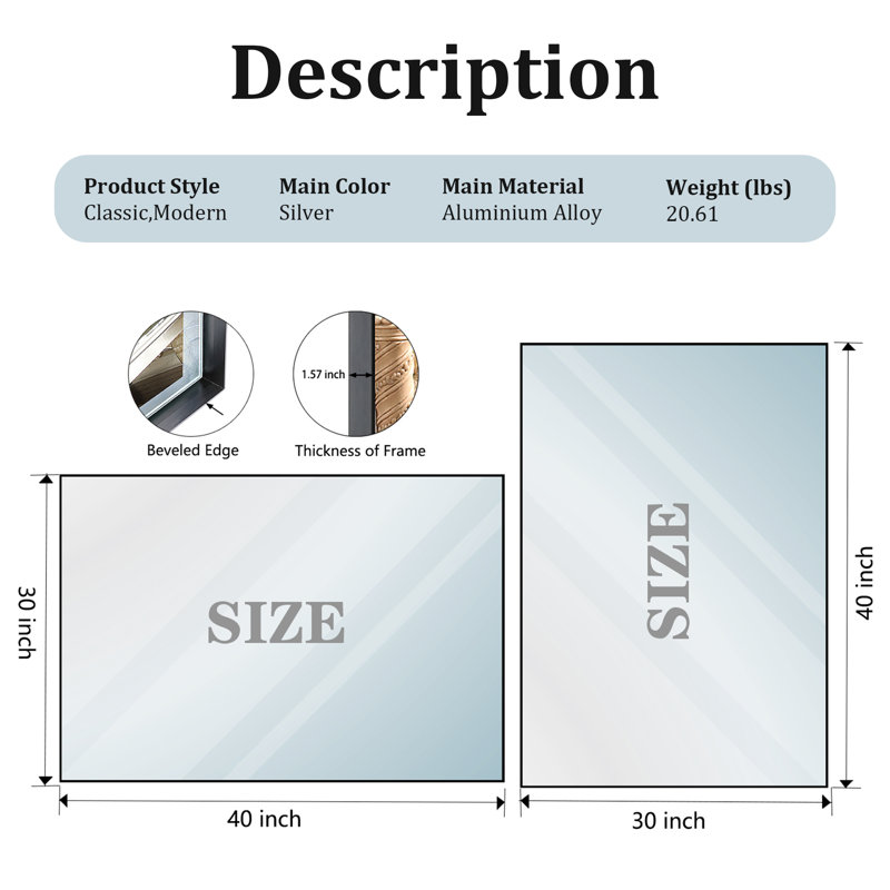 Miroir rectangulaire argenté, 30 po x 40 po
