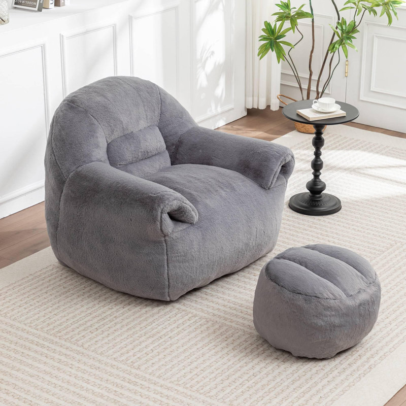 Fauteuil à billes confortable avec dossier et repose-pieds Comfy, Fausse fourrure grise foncée