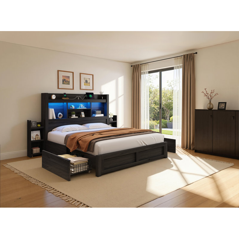 Structure de lit grand Sherell avec 4 tiroirs de rangement, noir, Grand, Noir