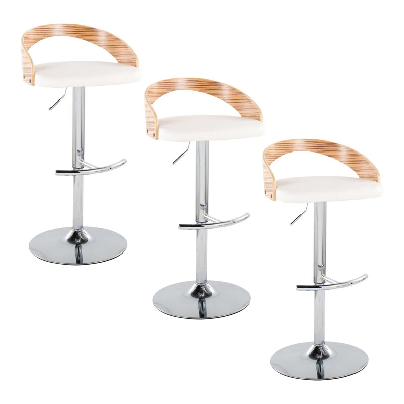 Tabouret de bar réglable avec pivot en métal chromé, bois de zèbre et similicuir blanc avec repose-pieds arrondi en T - ensemble de 3