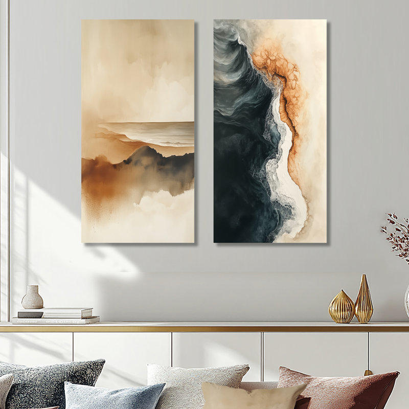 «Coastal Abstract», art mural beige moderne sur toile 2 pièces, sable côtier apaisant, H 40 po x l 40 po, Toile tendue